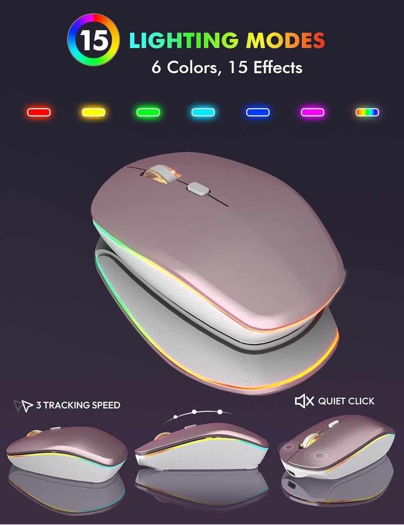 Trueque Wireless Keyboard and Mouse Combo, RGB Backlit, Rechargeable & Light Up Letters, Full-Size, Soft Typing, Sleep Mode, 2.4GHz Quiet Keyboard Set for Mac, Windows, Laptop, PC, (Rose Pink) - Image 4